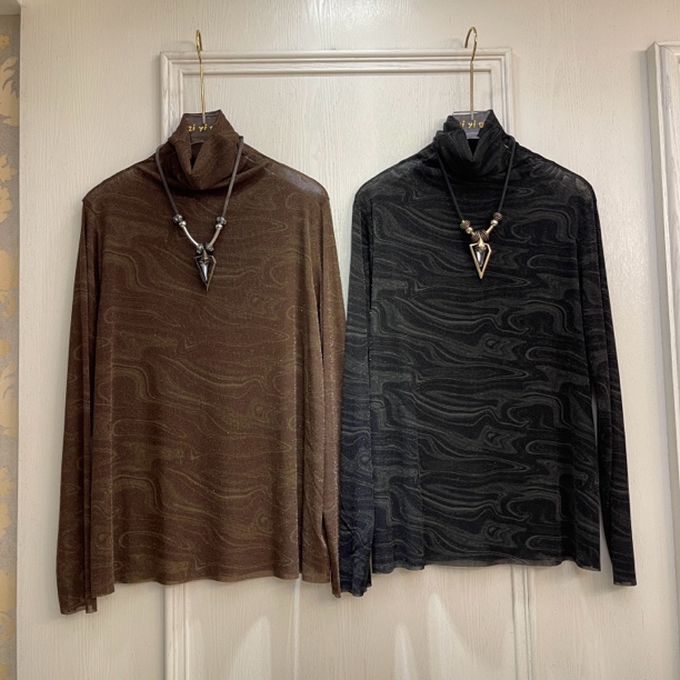 秋季新款水墨印花小高领网纱t恤晕染设计感洋气内搭气质正肩上衣