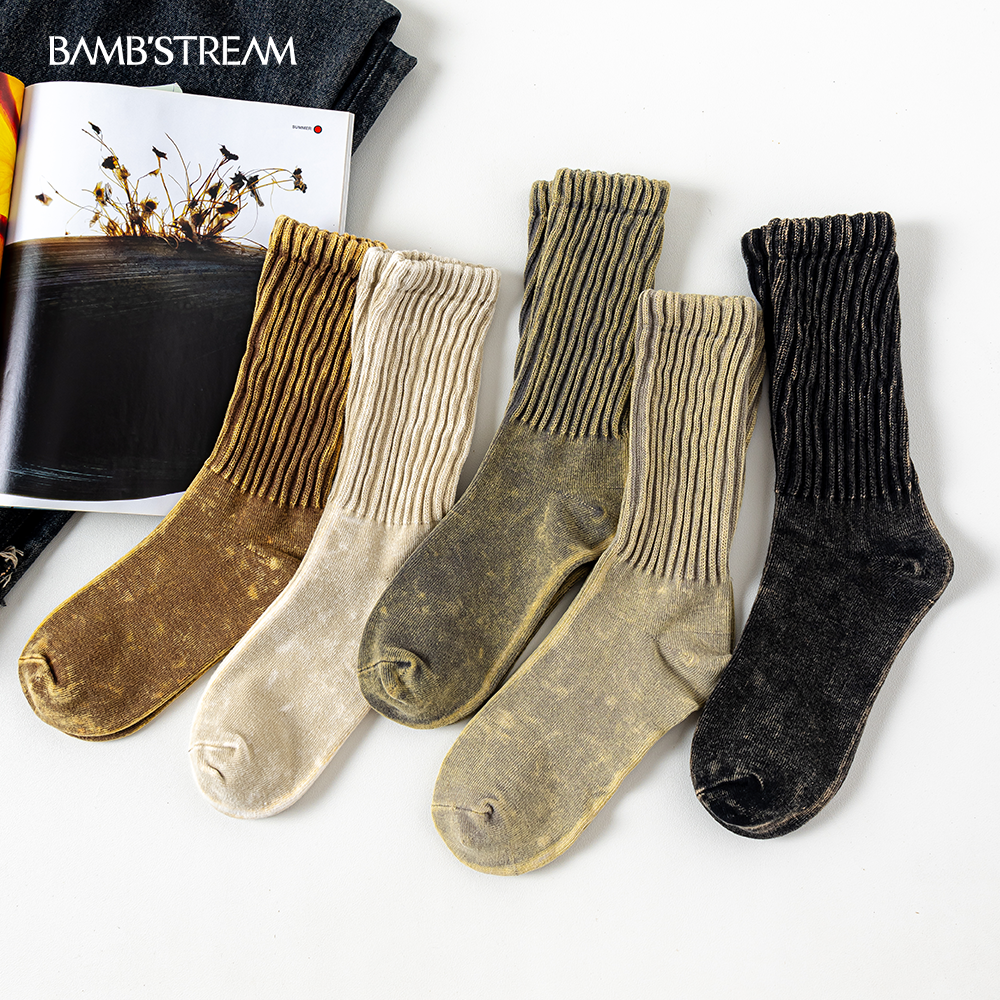 BAMBST美式水洗做旧毛线袜粗线针织棉袜复古百搭男女中筒袜秋冬潮