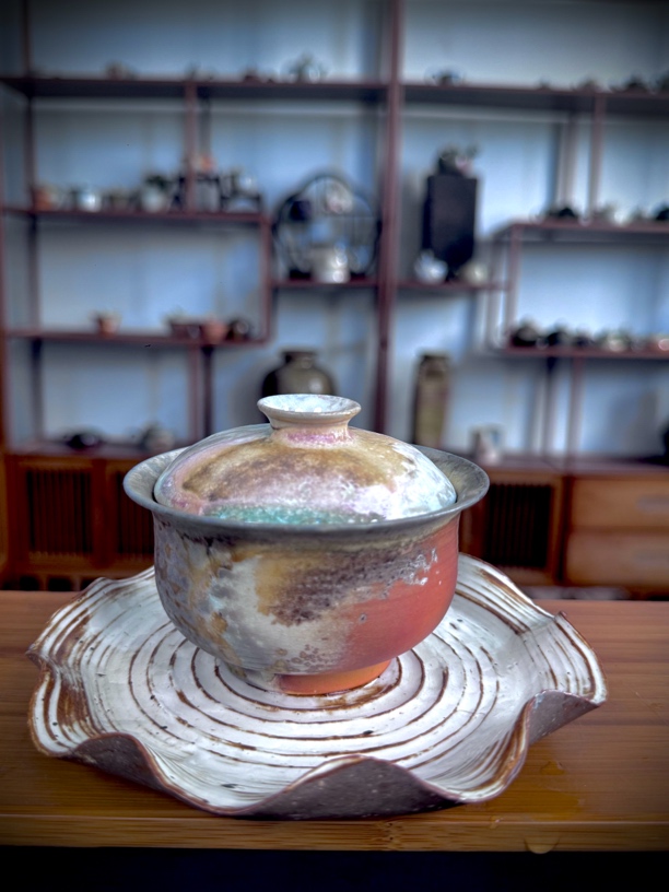 乘风茶器全手工柴烧复古陶瓷盖碗白泥大茶碗150cc