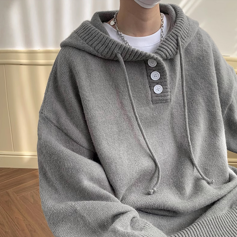 灰色连帽毛衣男生秋冬季慵懒风针织衫外套高级感套头卫衣宽松学生