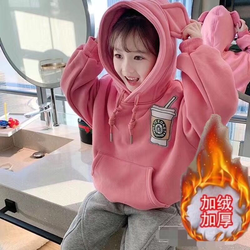 儿童女童加绒卫衣中小大童洋气兔耳连帽加厚套头保暖上