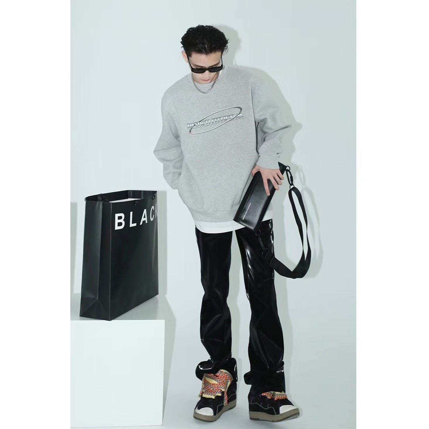 PLTH*高街ins金属logo创意印花早秋加绒灰色卫衣情侣上衣潮休闲