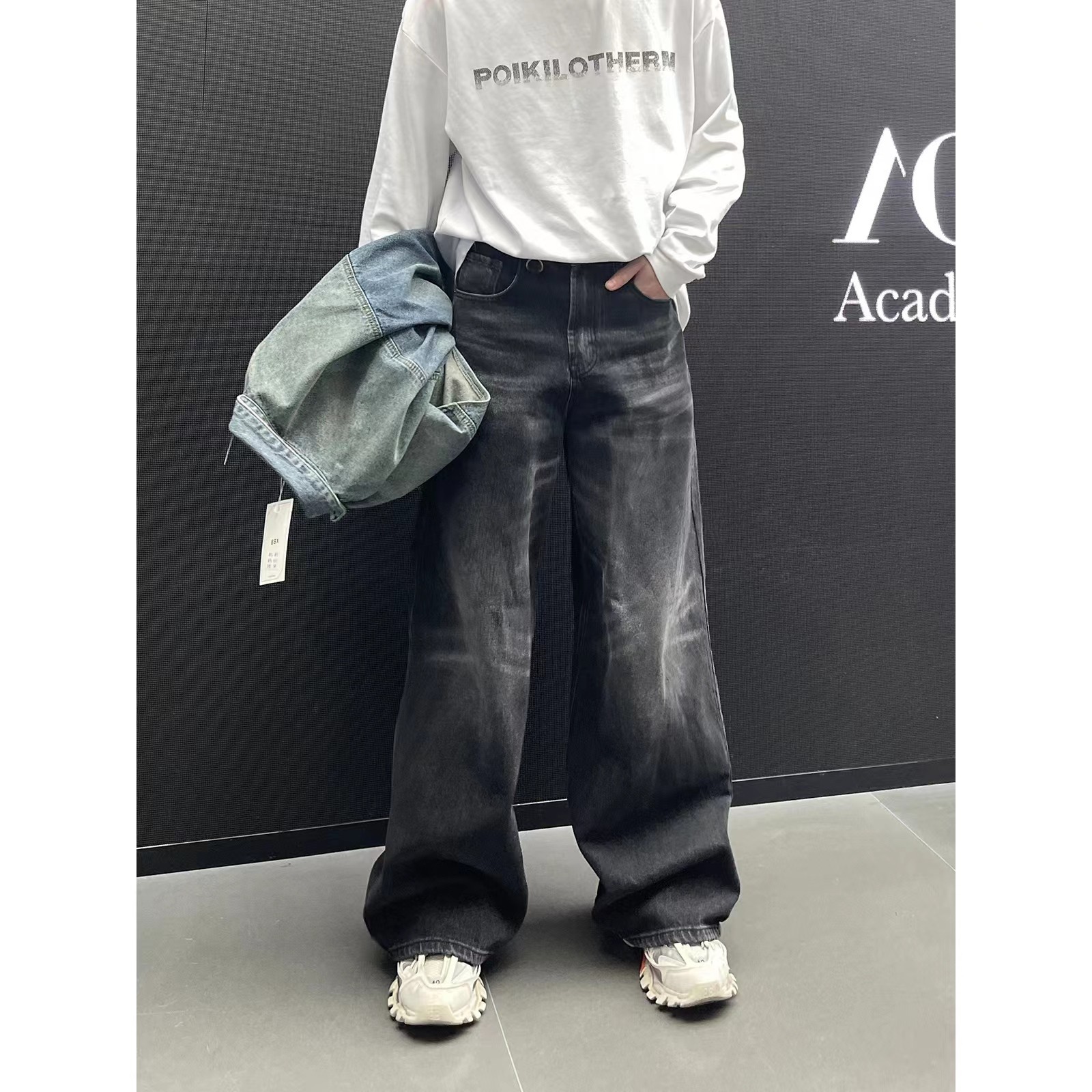 PLTH*复古宽松直筒垂感水洗做旧街头时尚潮牌百搭男休闲牛仔长裤