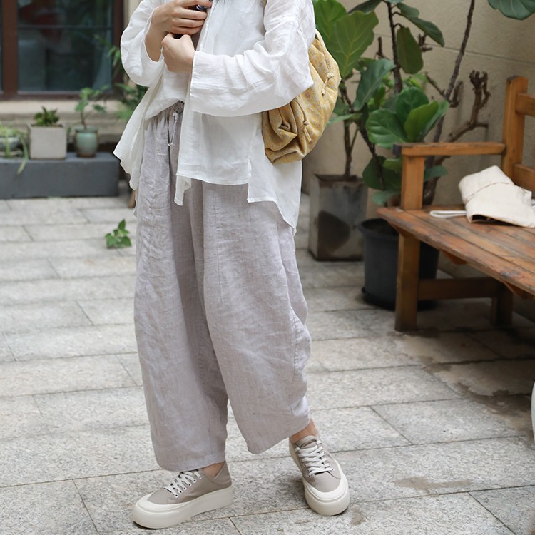 文艺百搭亚麻哈伦裤女宽松休闲复古长裤秋季新款萝卜裤百搭遮肉