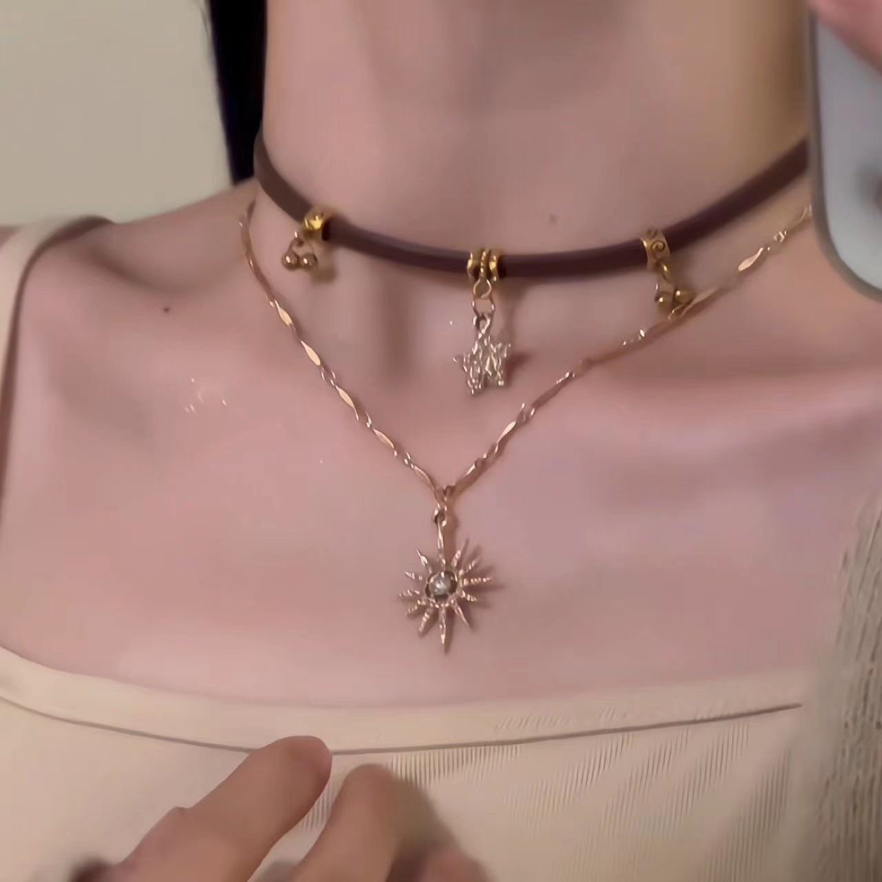 合金皮质项链 甜酷美拉德八芒星项链女小众设计感高级项圈锁骨链