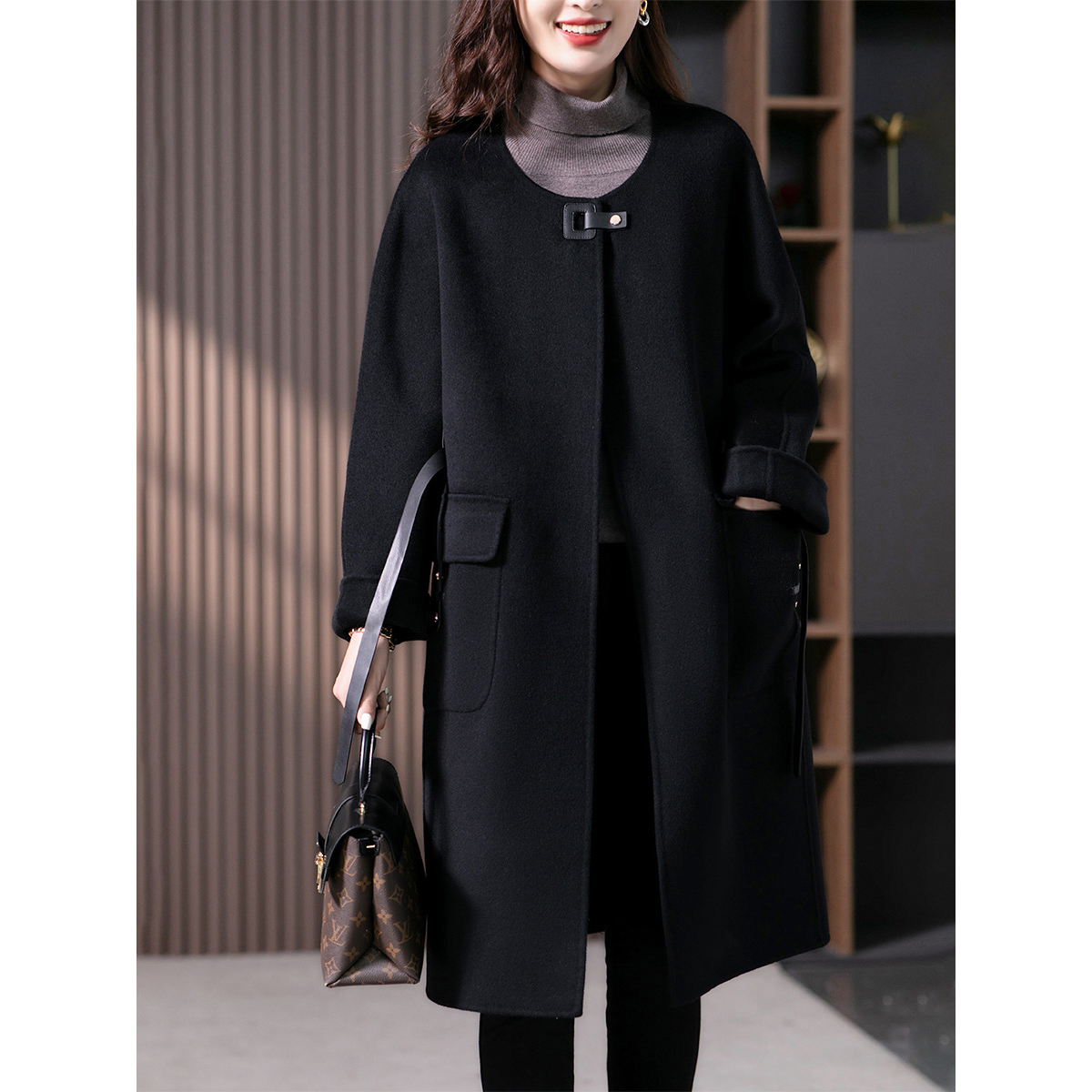 原形气质时尚休闲双面山羊绒大衣冬季韩版圆领呢外套87501-1