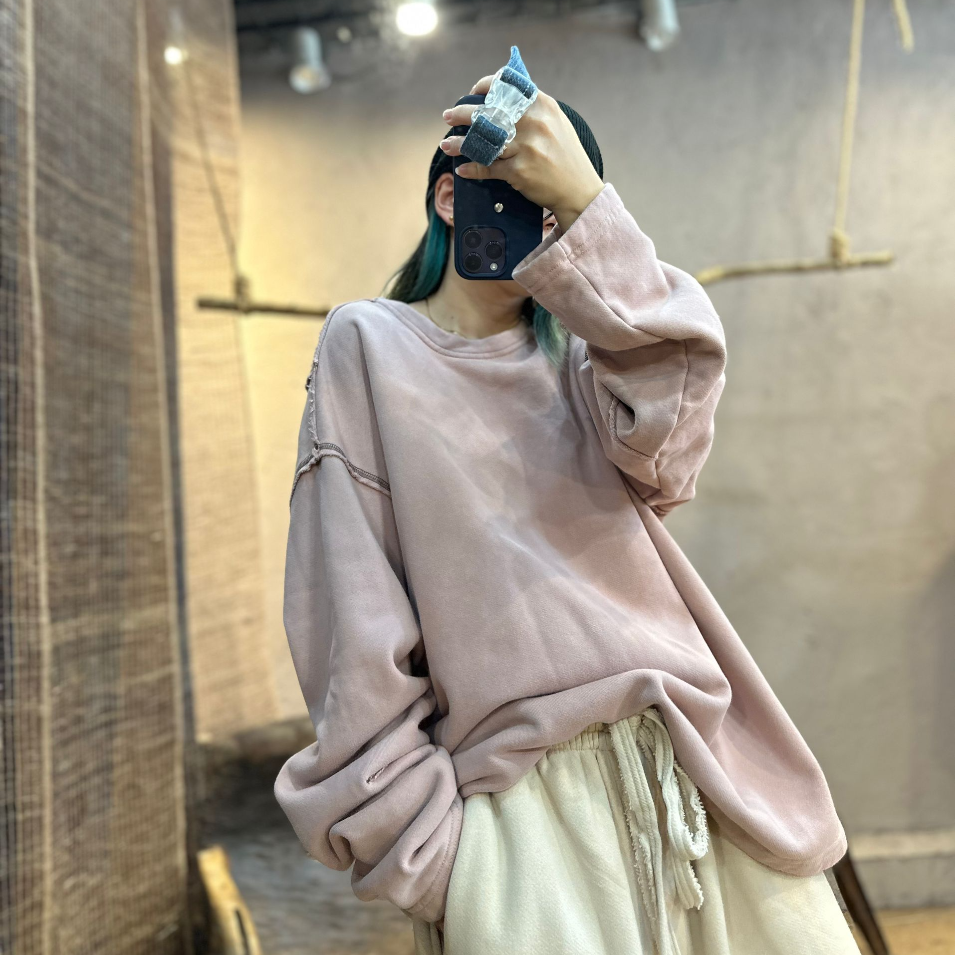 特240939忆古朴拙纯棉磨毛加厚圆领卫衣复古百搭纯色慵懒套头上衣