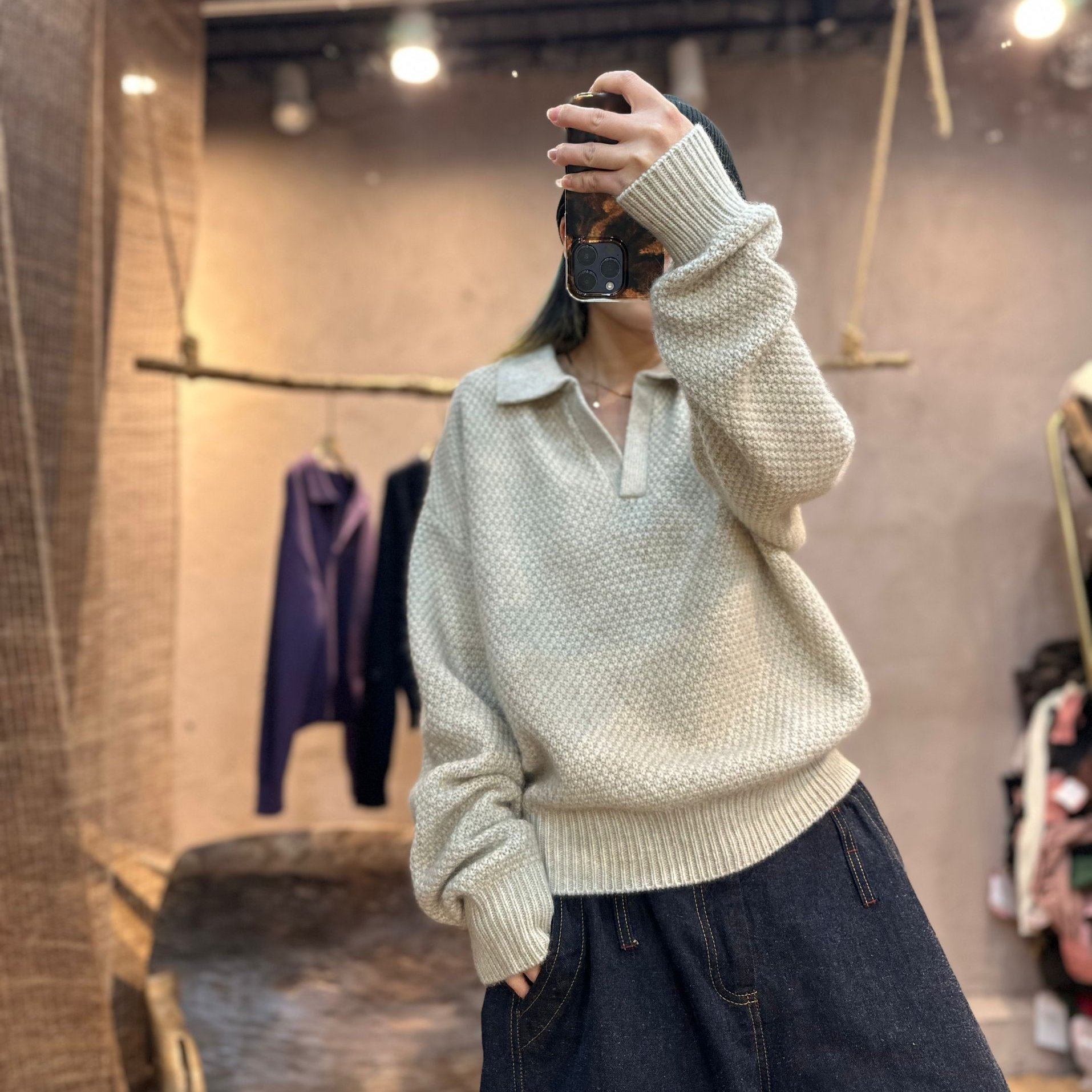 特24229秋冬高品提花翻领休闲羊毛衫减龄百搭宽松保暖上衣