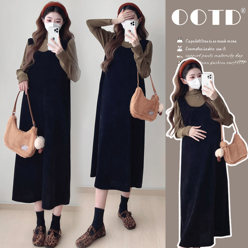 2024新款孕妇秋冬时尚气质打底衫显瘦背心裙两件套宽松大码连衣裙