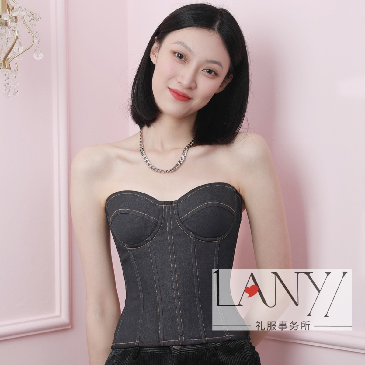 LANYI岚怡壹撞色线牛仔礼服胸衣气质复古