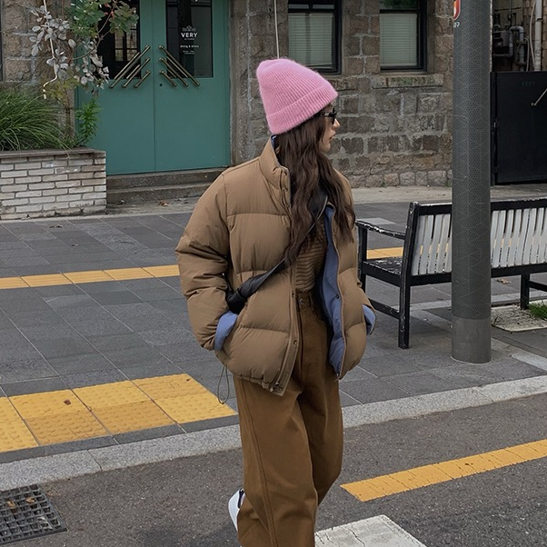 韩版拼色两面穿短款立领羽绒服外套 Gh35