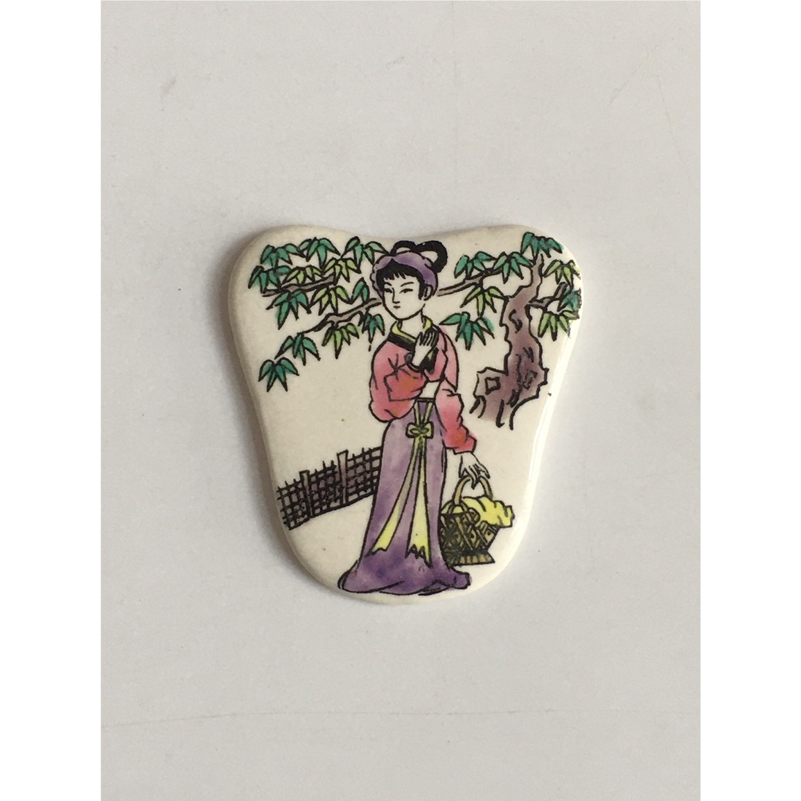 01c八十年代釉下彩手绘仕女扇形老瓷片老瓷板画1个旧藏文玩收藏