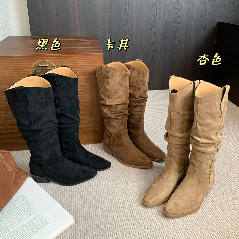 复古棕色V口堆堆中筒长靴女鞋2025春秋冬季尖头西部牛仔长筒靴子