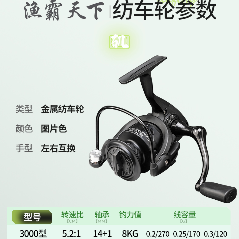 轻量化金属纺车轮斜口轮远投金属轮无间隙金属摇臂加固远投纺车轮