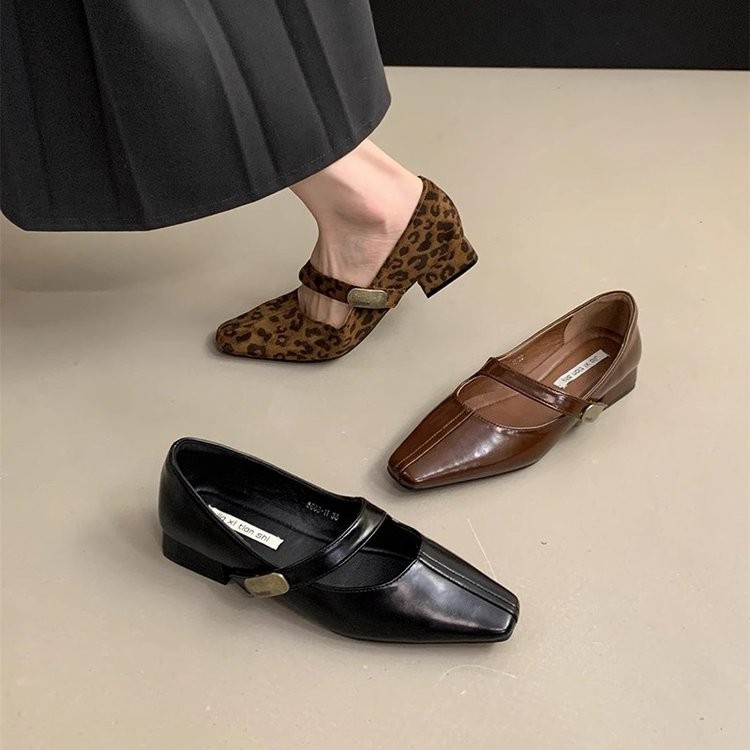 复古单鞋皮鞋百搭法式粗跟高跟方头跟鞋春秋英伦风小单鞋女秋冬