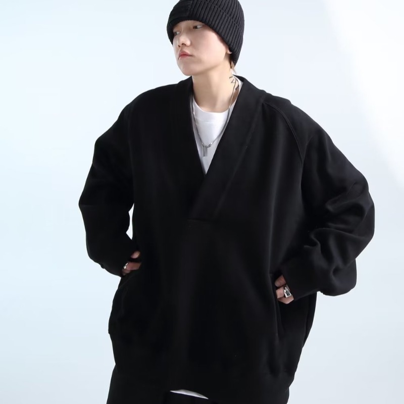 秋冬款百搭灰别致深V领套头卫衣男慵懒风长袖插肩休闲卫衣外套潮