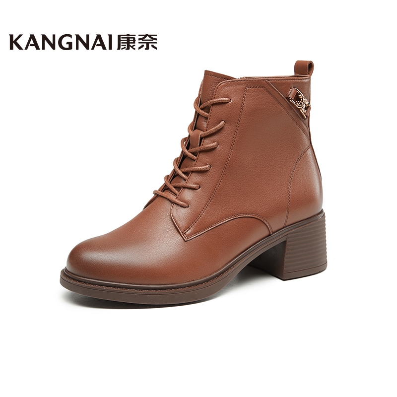 Kangnai/康奈28005专柜正品冬牛皮真皮舒适粗跟加绒气质女士短靴