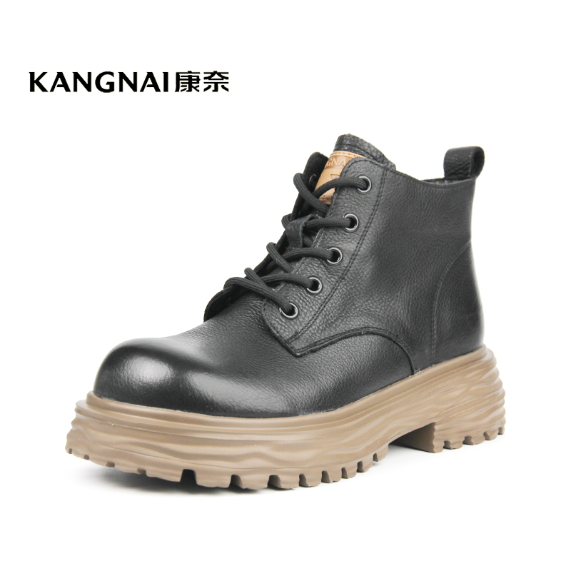 Kangnai/康奈36031专柜正品牛皮轻厚底女鞋圆头系带真皮短筒单靴