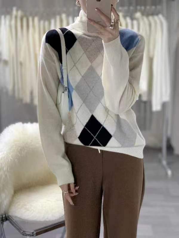 保暖针织100%绵羊毛打底衫上衣英伦风格加厚菱形格休闲百搭时尚