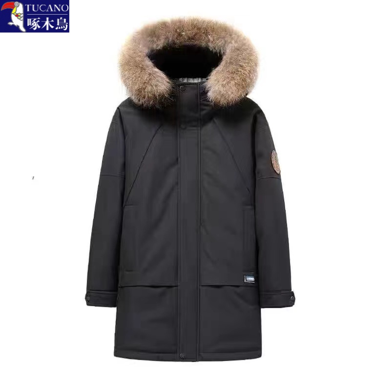 啄木鸟连帽毛领长款羽 绒服中老年保暖鸭 绒服冬季新款爸爸外套