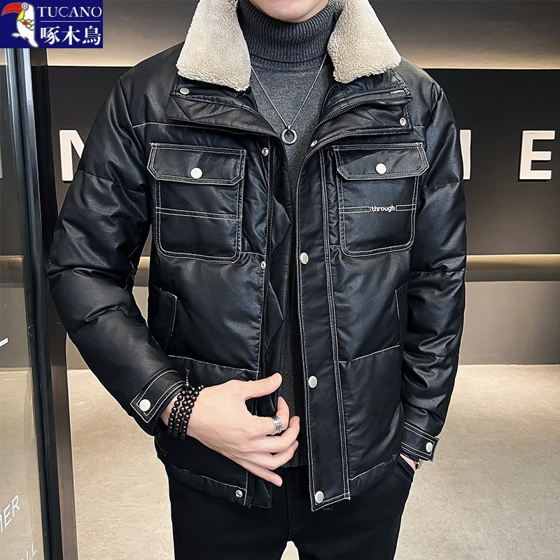 啄木鸟PU皮毛领皮羽 绒服冬季新款保暖白鸭 绒服休闲男士商务外套