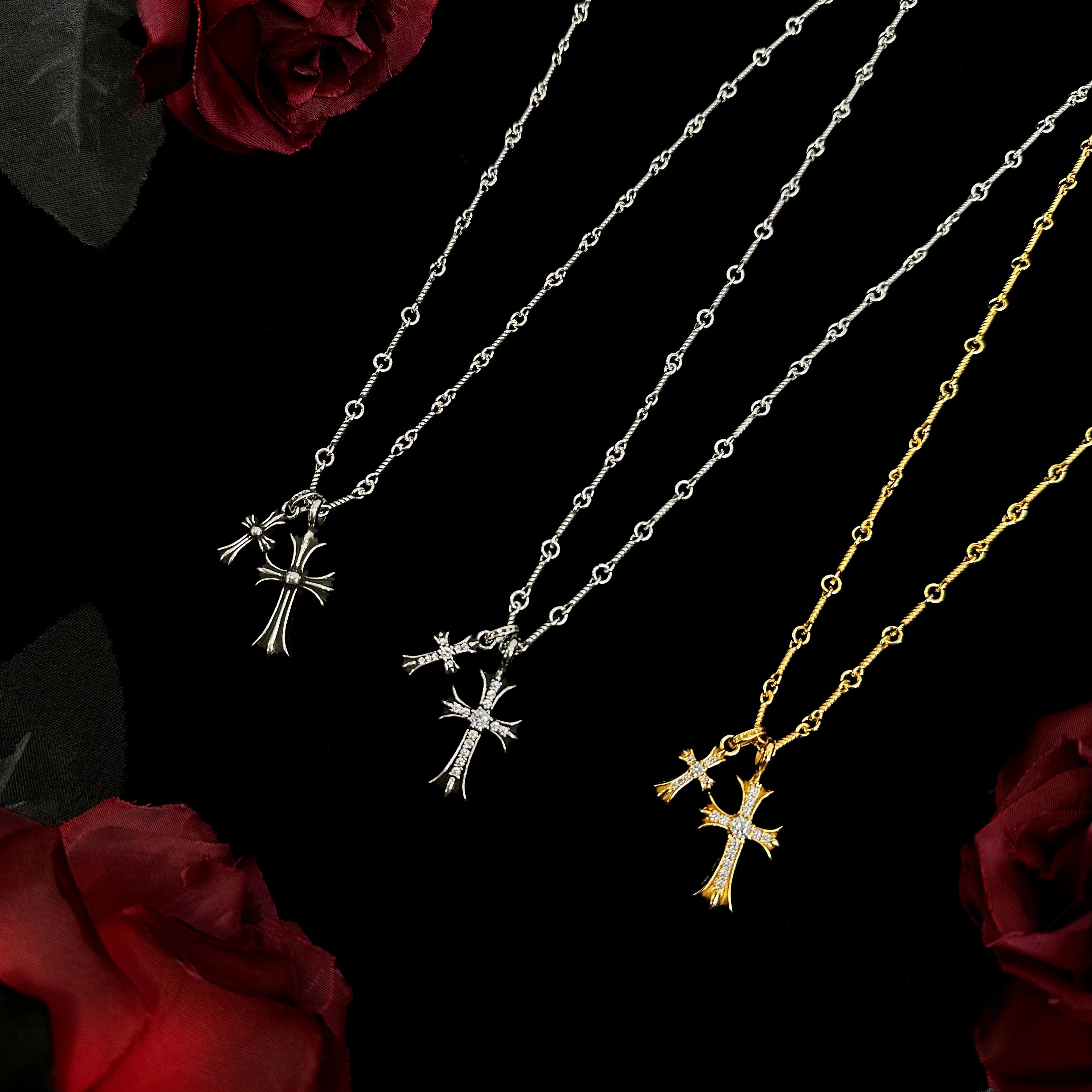 坠链均925银合成锆石 双十字架项链别针项链