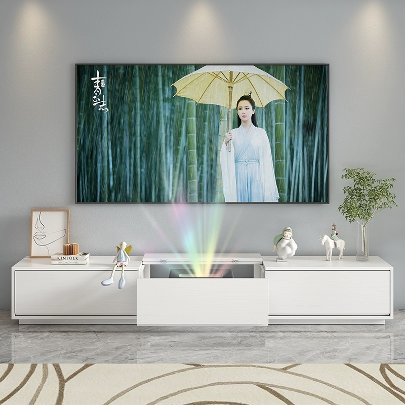 激光投影仪电视柜现代简约一体储物柜白色简约现代轻奢风落地柜