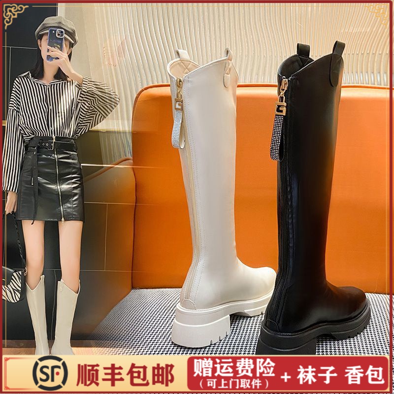 冬季新款时尚粗跟长筒马丁靴女百搭洋气潮流白小个子增高加绒靴子