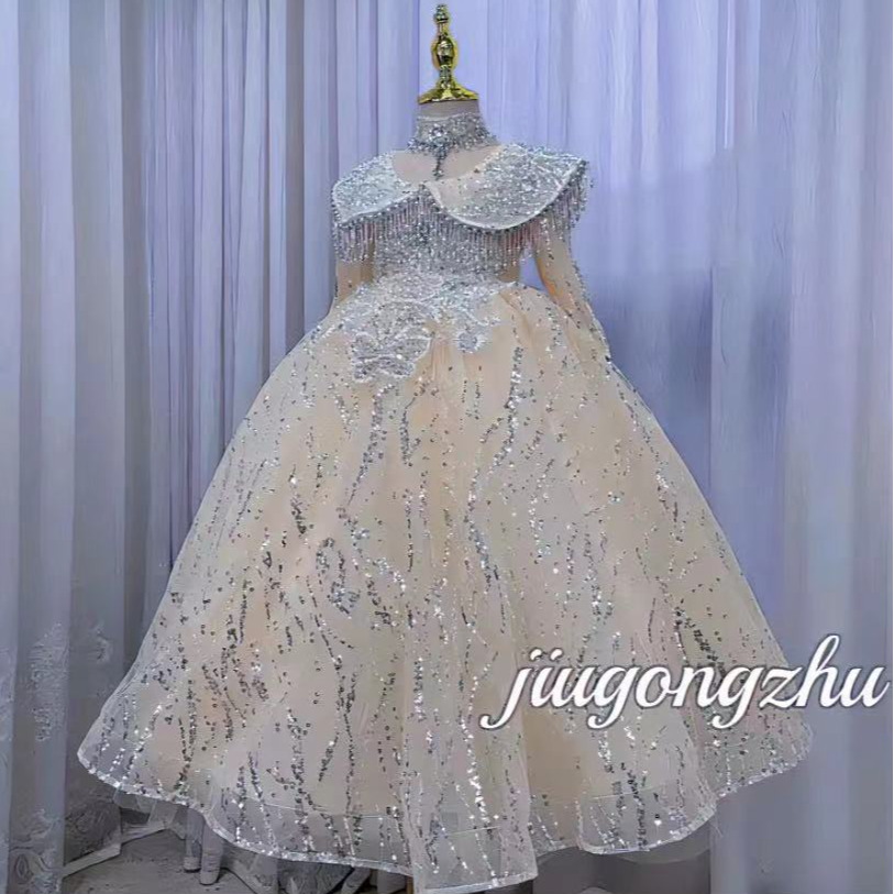 【黄金战袍】女童公主裙主持人钢琴演出服轻奢气质香槟国风公主裙