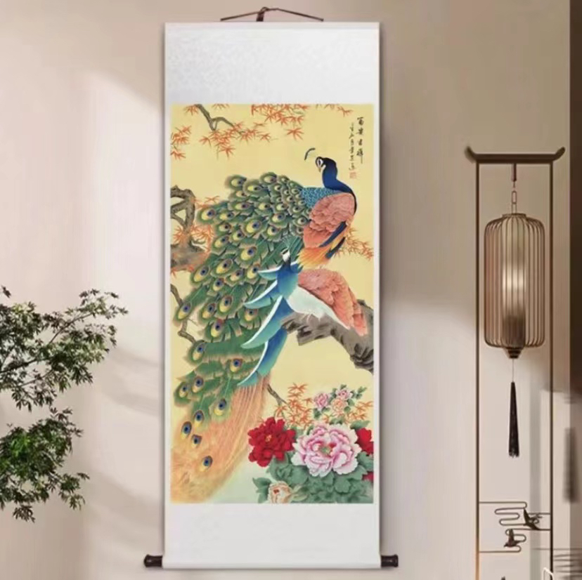 《富贵满堂》180/70国风玄关画竖幅装裱卷轴现代装饰画