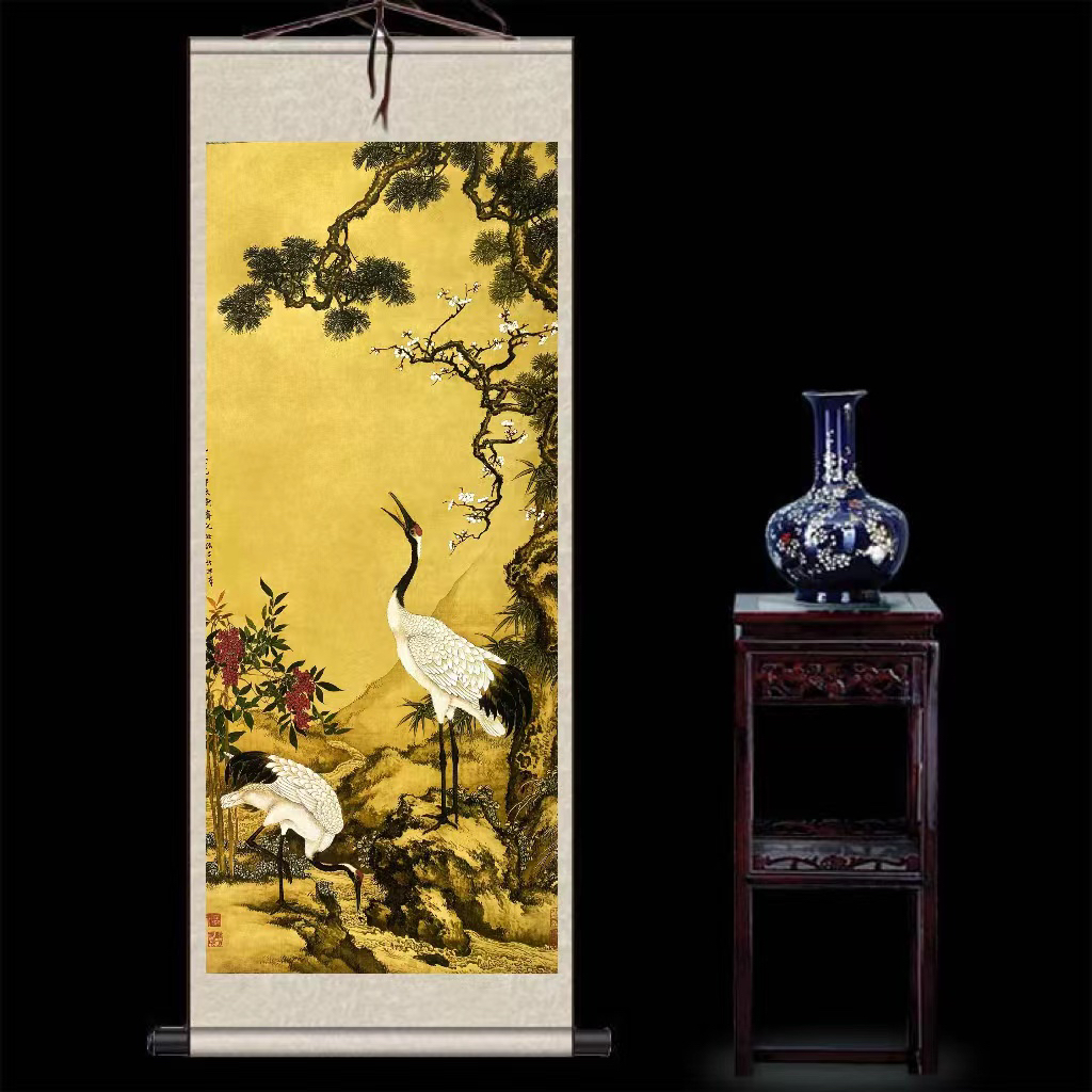 《松梅双鹤》180/70国风玄关画竖幅装裱卷轴现代装饰画