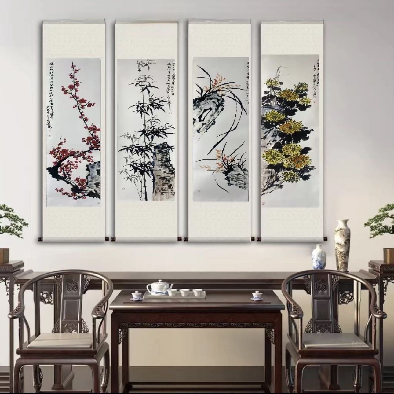 梅兰竹菊-国风玄关画竖幅装裱卷轴现代装饰画