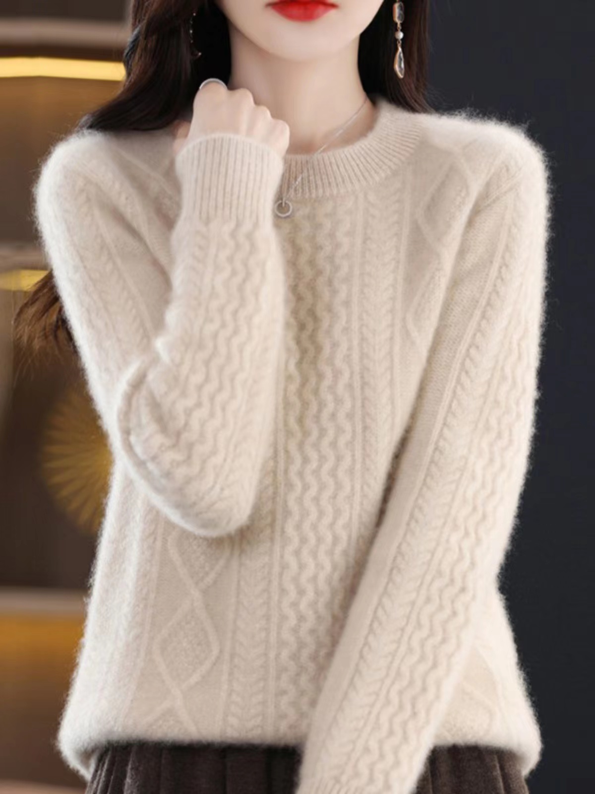 秋冬季圆领针织套头宽松内搭纯色毛衣加厚打底衫百搭时尚