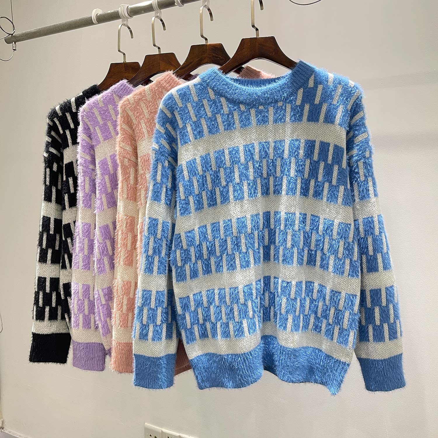 男士休闲拼色圆领套头针织衫毛衣潮牌INS秋冬季中性宽松百搭线衣