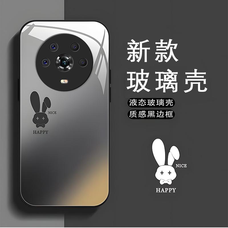 荣耀magic4黑色玻璃壳石墨黑渐变兔子手机壳女新款保护套可爱卡通