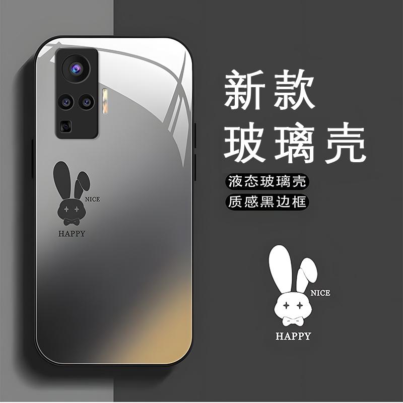 vivox50pro黑色玻璃壳石墨黑渐变兔子手机壳女新款保护套可爱卡通