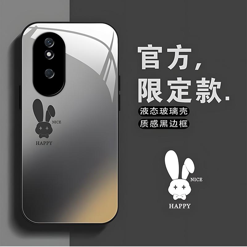 荣耀畅玩50plus手机壳华为畅玩50PLUS黑色玻璃壳石墨黑渐变兔子手