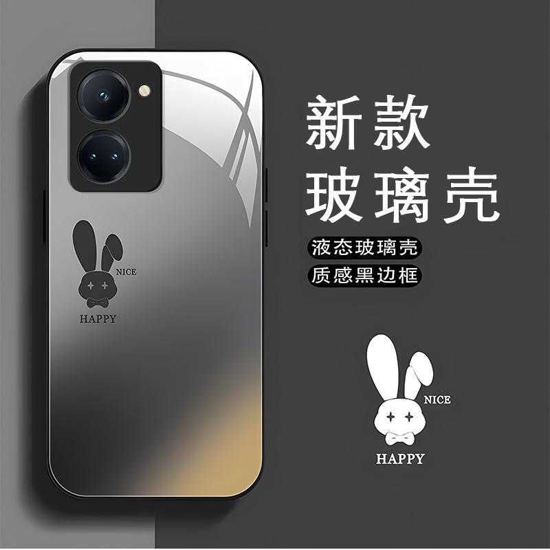 真我10pro黑色玻璃壳石墨黑渐变兔子手机壳女新款保护套可爱卡通