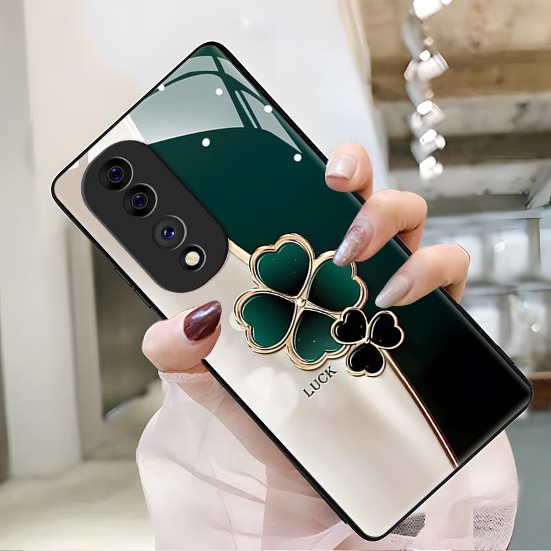 荣耀80pro曲屏版手机壳HONOR80pro曲屏版玻璃渐变幸运草女款防摔