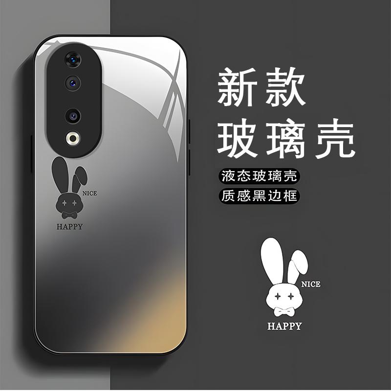 荣耀90黑色玻璃壳石墨黑渐变兔子手机壳女新款保护套可爱卡通全包