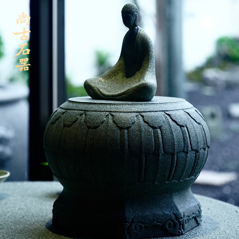 尚古石器 原创天然青石 中式如意足莲瓣石鼓底座 桌面家居装饰品