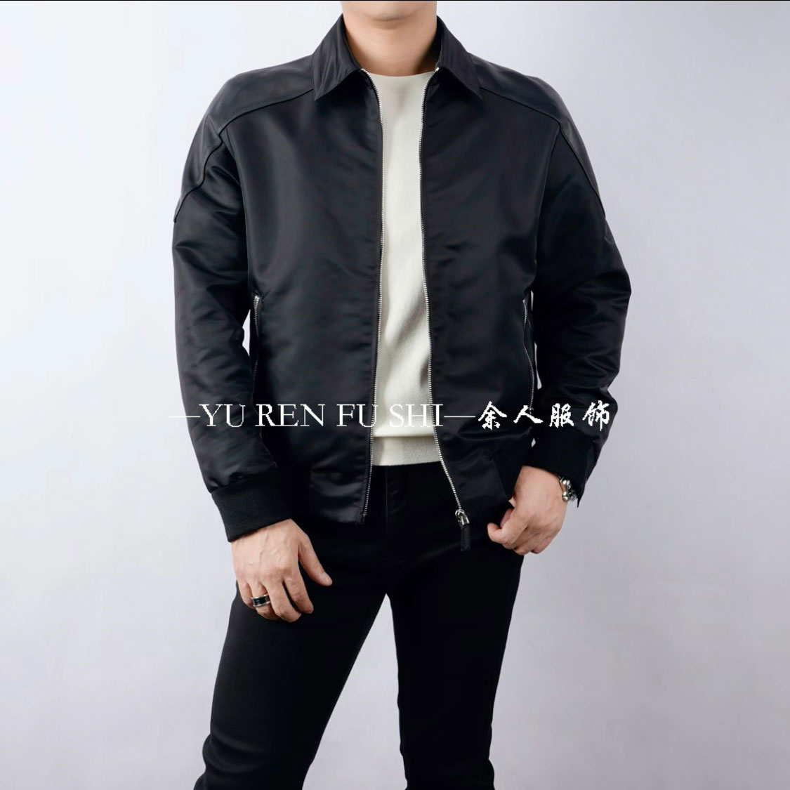 【福利】32907男士秋冬绵羊皮拼接夹克外套翻领时尚百搭轻奢黑色