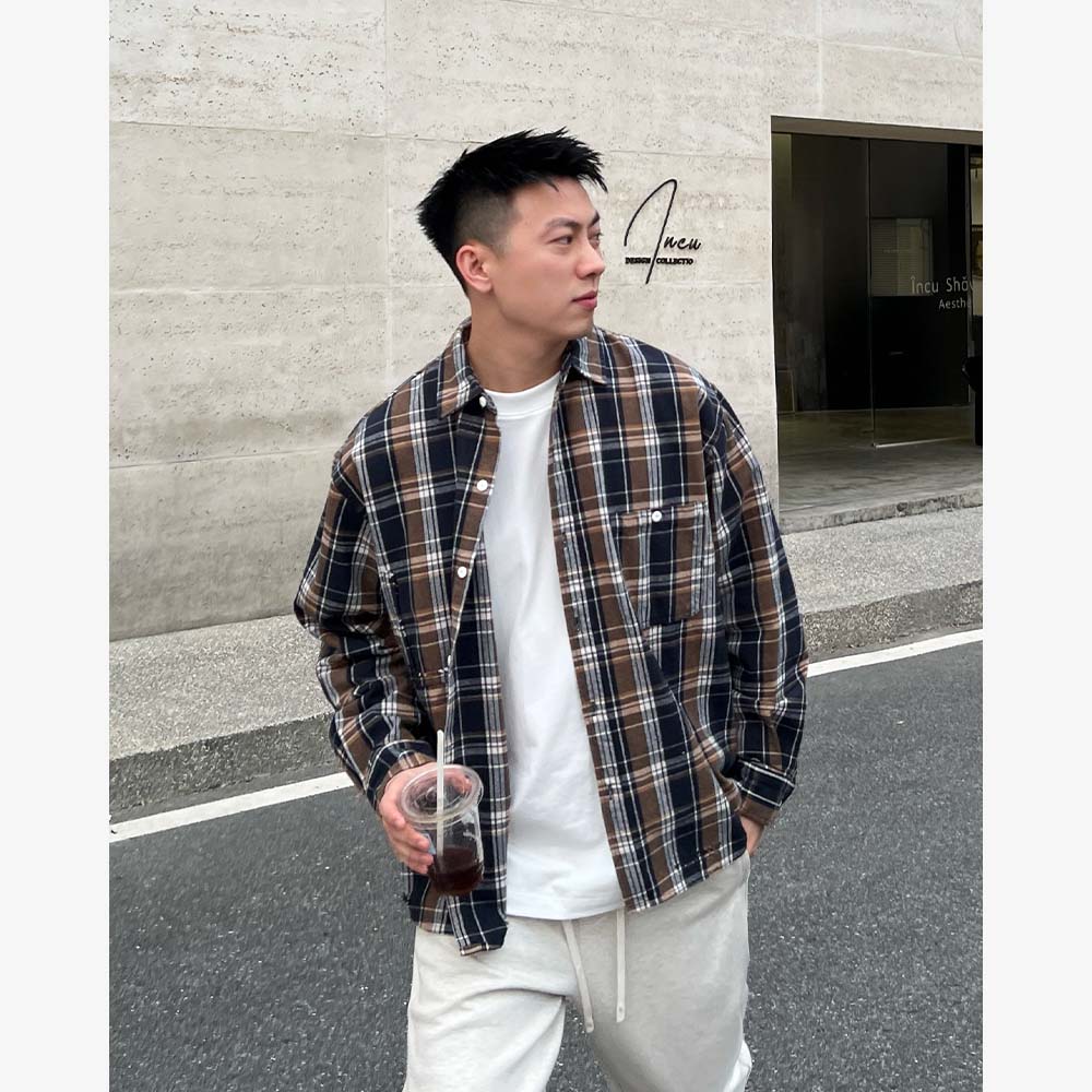 YIHAO STUDIO秋季男款格子衬衫美式宽松复古经典男款长袖衬衣