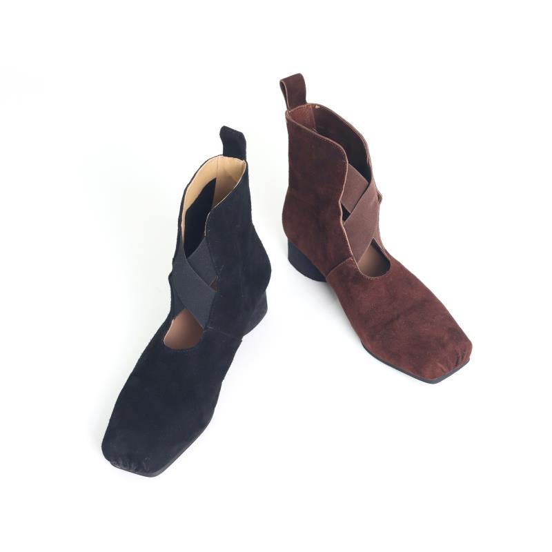 复古交叉拼接绑带猪鼻子芭蕾舞鞋手工做旧瘦瘦靴粗跟马皮靴910A-3