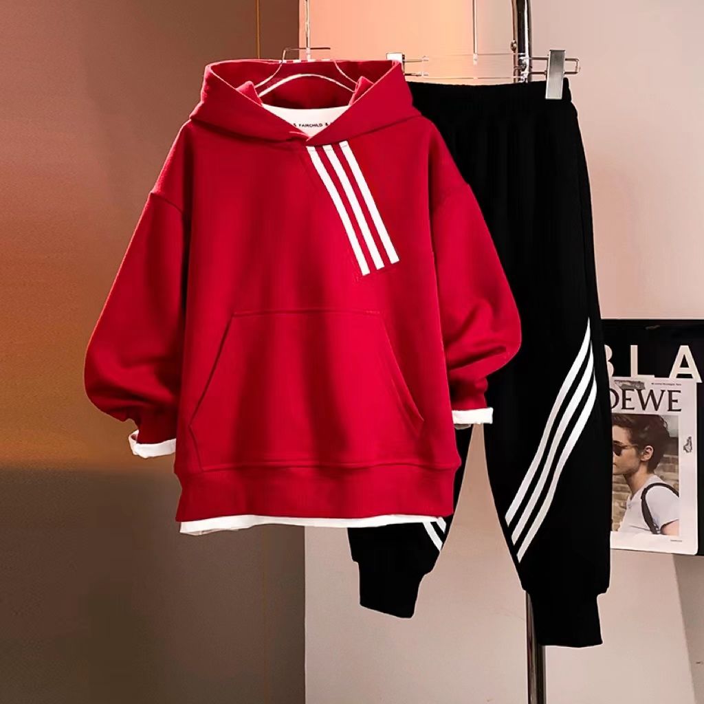 男童秋冬季2024新款加绒长袖中小大童宽松保暖洋气连帽宽松两件套