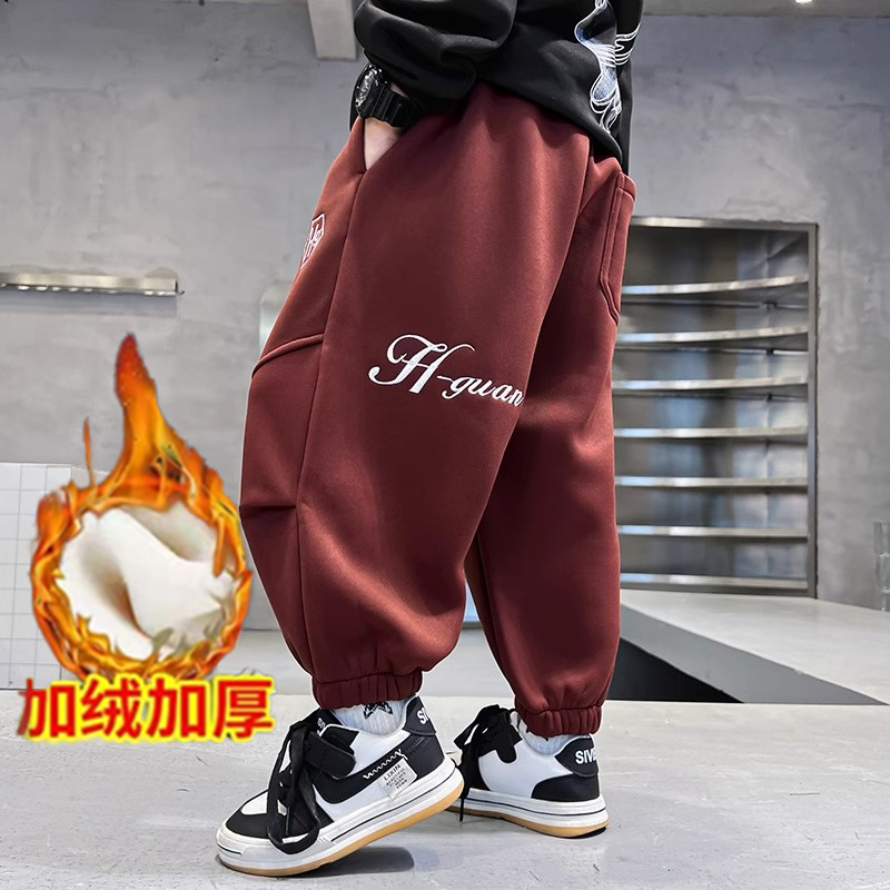 冬天儿童加绒加厚男童卫裤中大童复合一体绒长裤2024新款宽松保暖