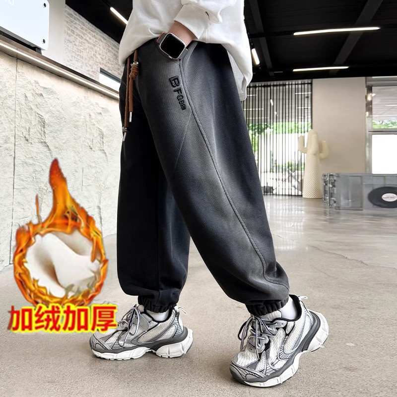 冬天儿童加绒加厚男童卫裤中大童复合一体绒长裤2024新款宽松保暖