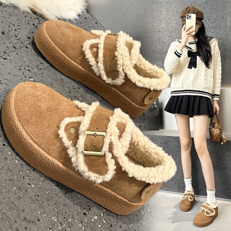 加绒保暖雪地棉2025冬季厚底磨砂博肯低帮一脚蹬搭扣棉鞋毛毛鞋女