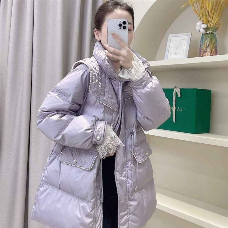 波司澄冬季抖音最新款海军领中长版羽绒服女时尚气质小香风钉珠外