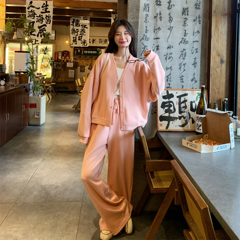 休闲卫衣套装裤女2024早秋新款韩系穿搭甜美风V领阔腿裤两件套潮